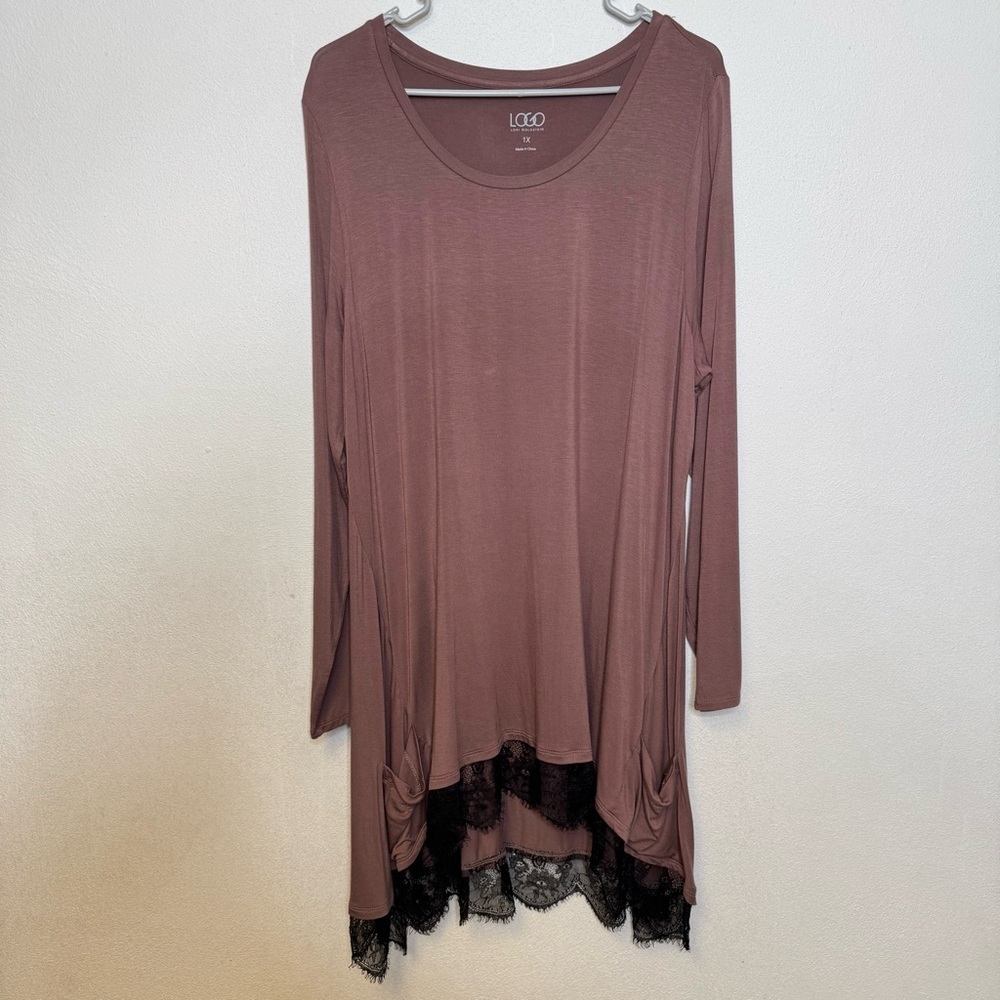 LOGO Lori Goldstein Purple Toned Brown Stretch Lace Tunic 3/4 Sleeve Shirt 1X - Picture 3 of 12